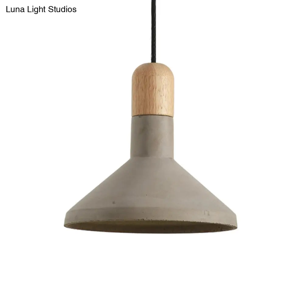 Vintage Flared Pendant Light Kit - Grey And Wood 1-Head Cement Hanging Ceiling Lamp