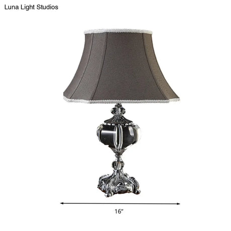 Grey Fabric Nightstand Lamp - Elegant Flared Shade And Crystal Base