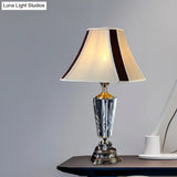 Grey Fabric Nightstand Lamp With Crystal Accent - Simple Bell Paneled Design 1 Light