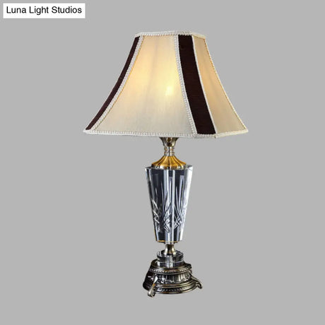 Grey Fabric Nightstand Lamp With Crystal Accent - Simple Bell Paneled Design 1 Light