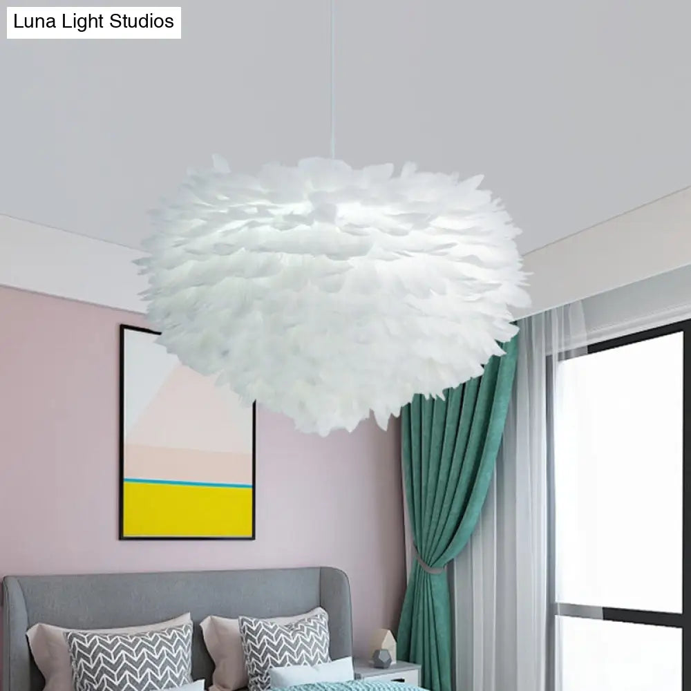 Feather Drop Pendant Simplicity Lamp - 1-Light Hemispherical Grey/White/Pink Bedroom Hanging White