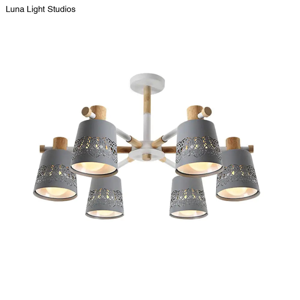 Grey Wood-Accented Macaron 6-Light Semi Flush Ceiling Chandelier