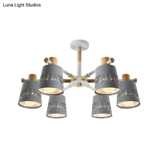 Grey Wood-Accented Macaron 6-Light Semi Flush Ceiling Chandelier