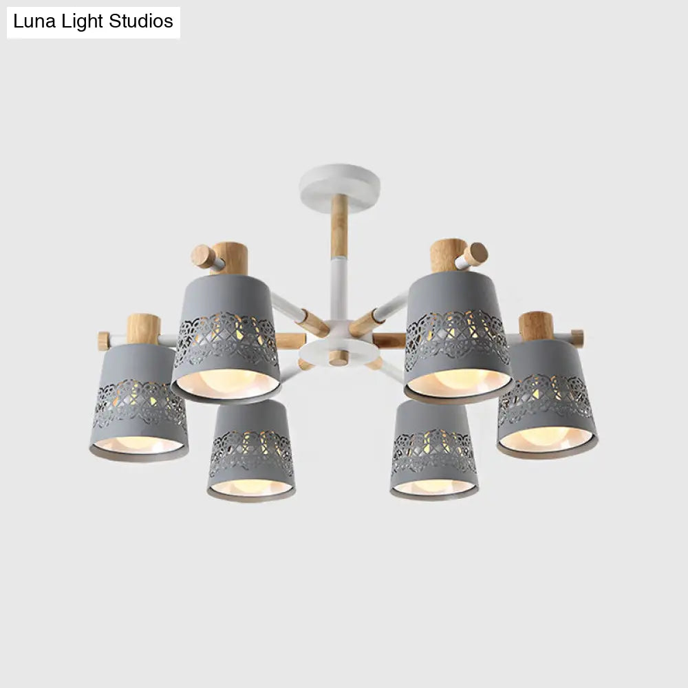 Grey Wood-Accented Macaron 6-Light Semi Flush Ceiling Chandelier
