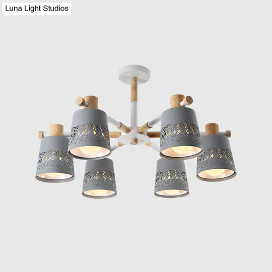 Grey Wood-Accented Macaron 6-Light Semi Flush Ceiling Chandelier