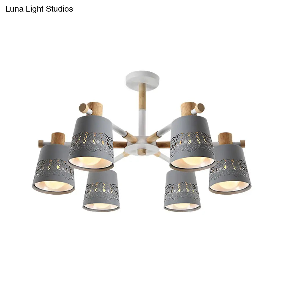 Grey Wood-Accented Macaron 6-Light Semi Flush Ceiling Chandelier