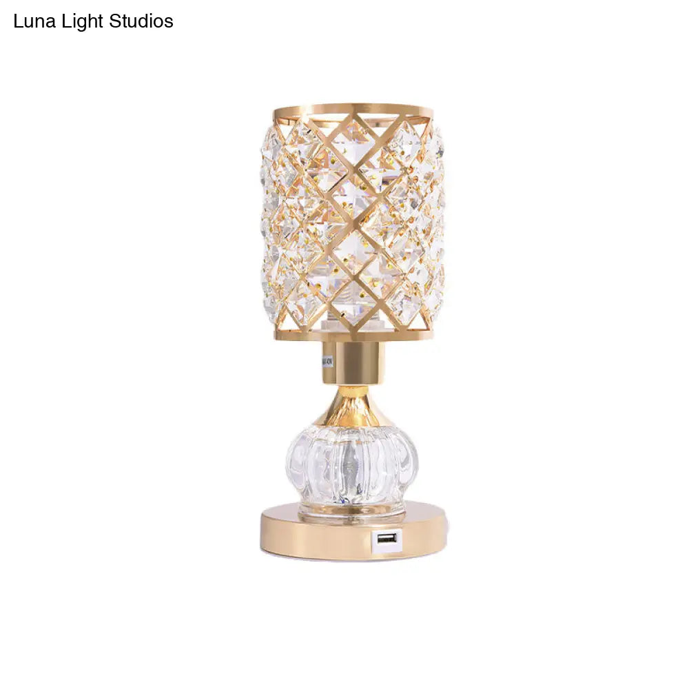 Mid-Century Crystal Gold Gourd Table Lamp - Single-Bulb Nightstand Light