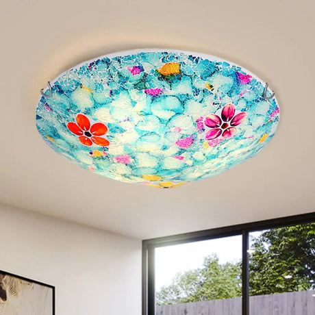 Hand - Cut Blue Glass Tiffany Flower Bowl Flush Light Fixture - 16’ Or 19.5’ Wide With 3 4
