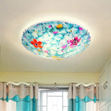 Hand-Cut Blue Glass Tiffany Flower Bowl Flush Light Fixture - 16 Or 19.5 Wide With 3 4 Lights Close