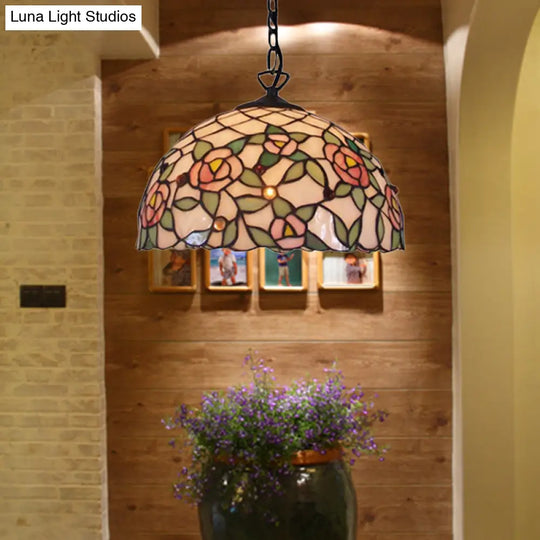 Hand Cut Pink Glass Tiffany-Style Pendant Light With Flower Pattern - Domed Suspension Design