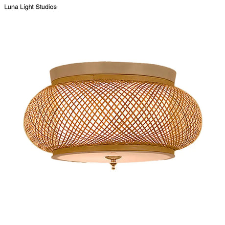 Hand - Knitted Lantern Design Asian Style Bamboo Pendant Light - 3 - Light Yellow Ceiling Fixture