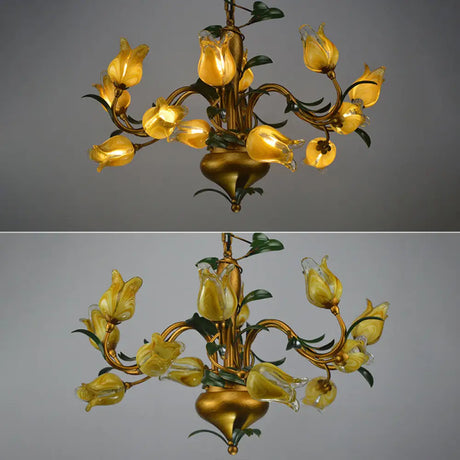 Hand-Worked Glass Tulip Chandelier: 12-Light American Flower Ceiling Light For Living Room Yellow