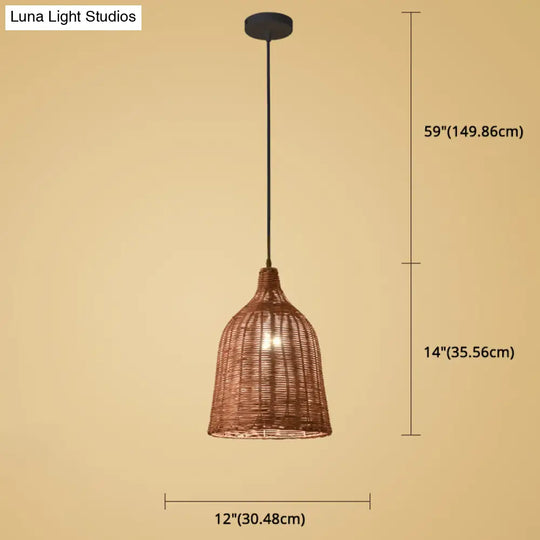 Hand-Woven Bamboo Bell-Shaped Pendant Light With Asian Rattan Shade And 59 Hanging Wire