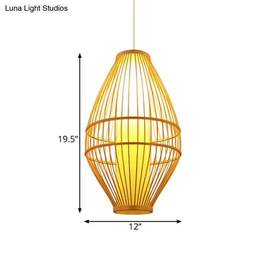 Hand-Woven Beige Hanging Light: Asian Style 1-Light Bamboo Pendant Lamp