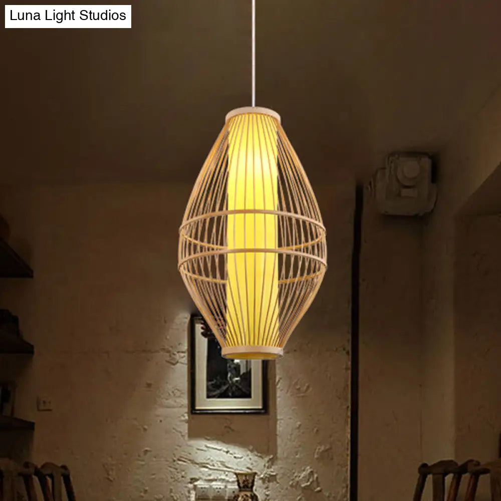 Hand-Woven Beige Hanging Light: Asian Style 1-Light Bamboo Pendant Lamp