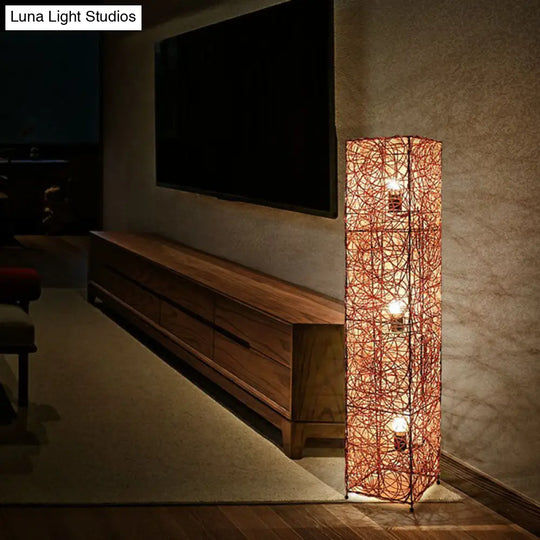Handcrafted Asian Style Rattan Tea Room Floor Lamp With 3 Shade Heads
