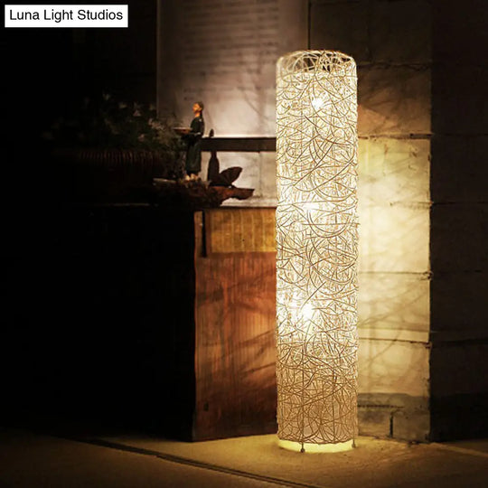 Handcrafted Asian Style Rattan Tea Room Floor Lamp With 3 Shade Heads