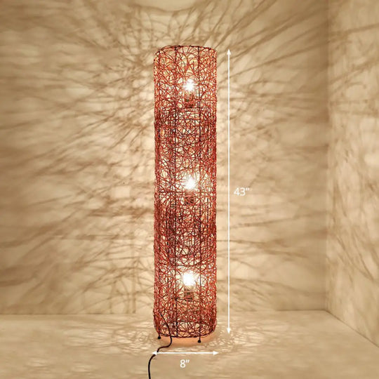 Handcrafted Asian Style Rattan Tea Room Floor Lamp With 3 Shade Heads Brown / Round
