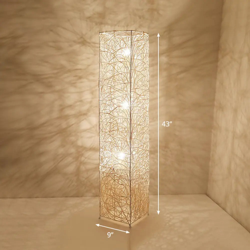 Handcrafted Asian Style Rattan Tea Room Floor Lamp With 3 Shade Heads White / Square Plate