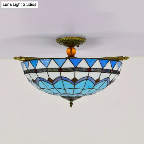 Handcrafted Baroque Dome Semi Flush Mount Ceiling Lamp With 5 Stained Glass Bulbs In White/Blue –