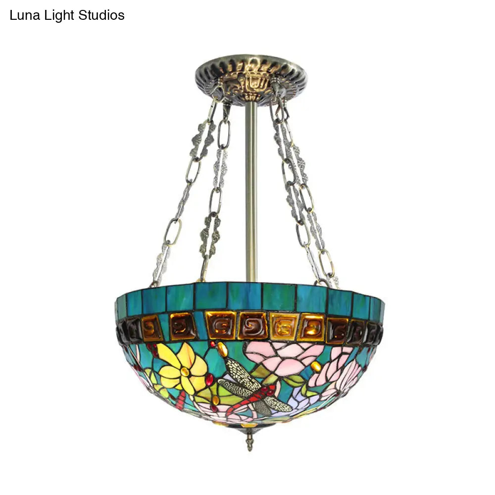 Handcrafted Blue Dragonfly Tiffany Ceiling Mount - 3 Heads Semi Flush Art Glass Light