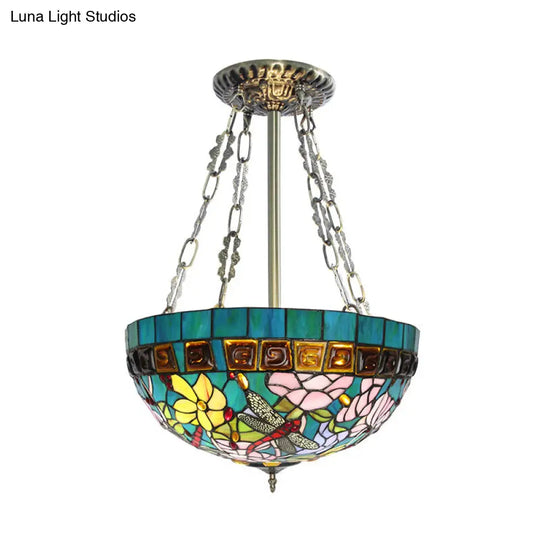 Handcrafted Blue Dragonfly Tiffany Ceiling Mount - 3 Heads Semi Flush Art Glass Light