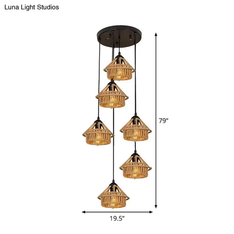 Handcrafted Cottage Brown Multi-Pendant Light Fixture With Rope Detail - Round/Linear Canopy (3/6