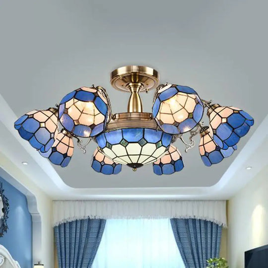 Handcrafted Grid Pattern Art Glass Ceiling Light With Blue Semi Flush Mount - 3/5/11 Heads 11 /