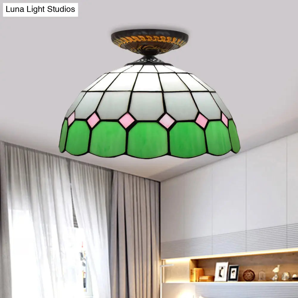 Handcrafted Stained Glass Tiffany Flush Mount Light: Led Grid Pattern 1 Bulb Close To Ceiling Lamp