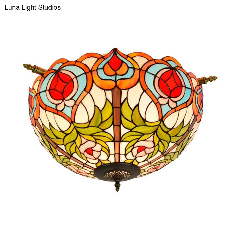 Handcrafted Victorian Blossom Stained Glass Semi Flush Mount Lamp With 5 Bulbs - Brass Ceiling