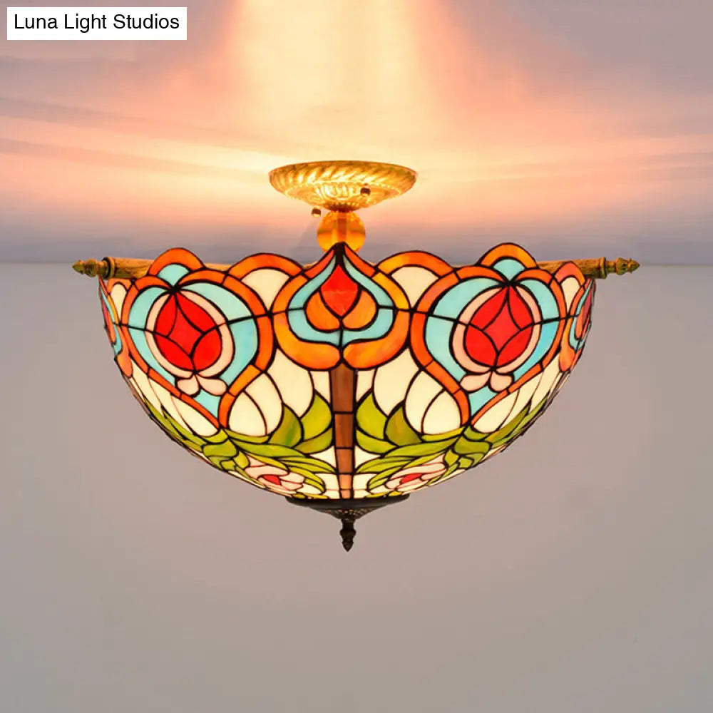 Handcrafted Victorian Blossom Stained Glass Semi Flush Mount Lamp With 5 Bulbs - Brass Ceiling
