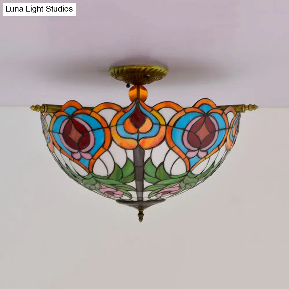 Handcrafted Victorian Blossom Stained Glass Semi Flush Mount Lamp With 5 Bulbs - Brass Ceiling