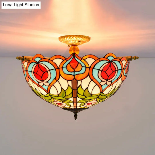 Handcrafted Victorian Blossom Stained Glass Semi Flush Mount Lamp With 5 Bulbs - Brass Ceiling