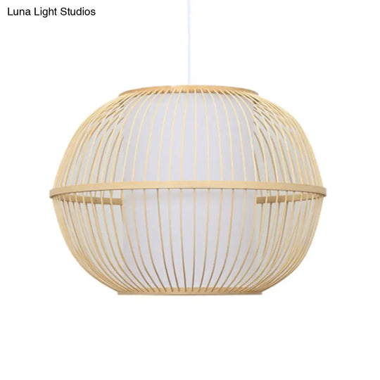 Handmade Asian Style Bamboo Hanging Light Fixture - 12/14 Width 1-Light Beige Suspended Lamp With