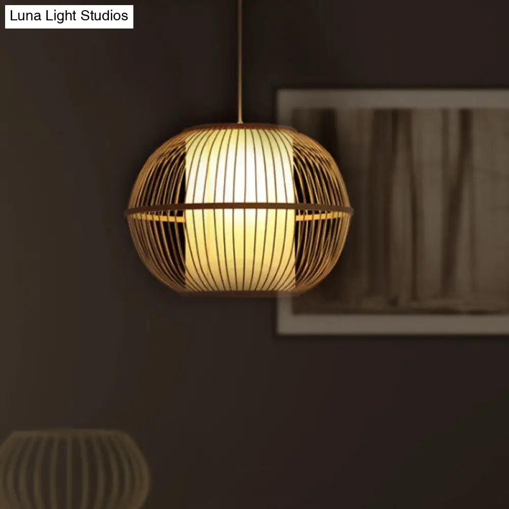 Handmade Asian Style Bamboo Hanging Light Fixture - 12/14 Width 1-Light Beige Suspended Lamp With
