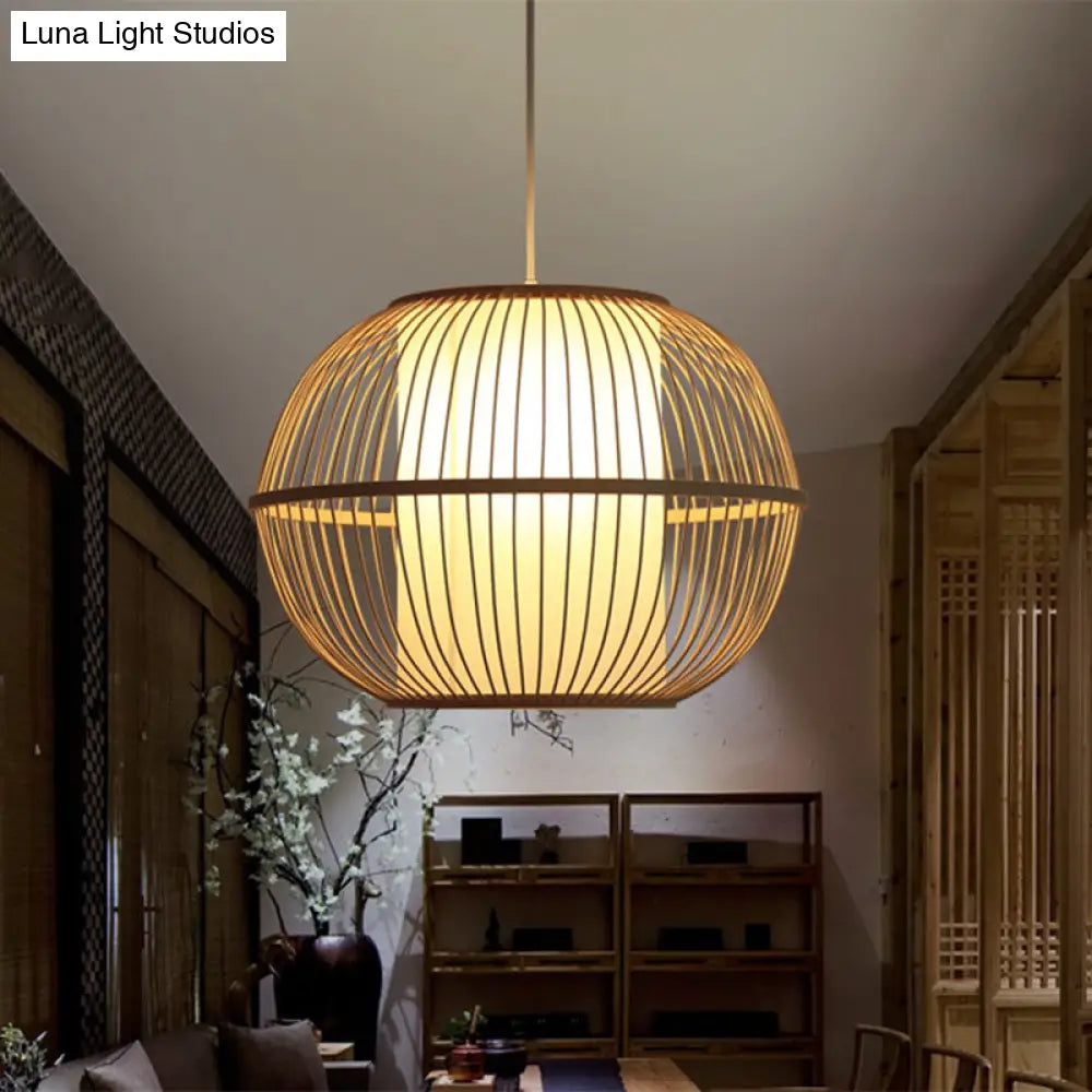 Handmade Asian Style Bamboo Hanging Light Fixture - 12/14 Width 1-Light Beige Suspended Lamp With
