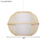 Handmade Asian Style Bamboo Hanging Light Fixture - 12/14 Width 1-Light Beige Suspended Lamp With