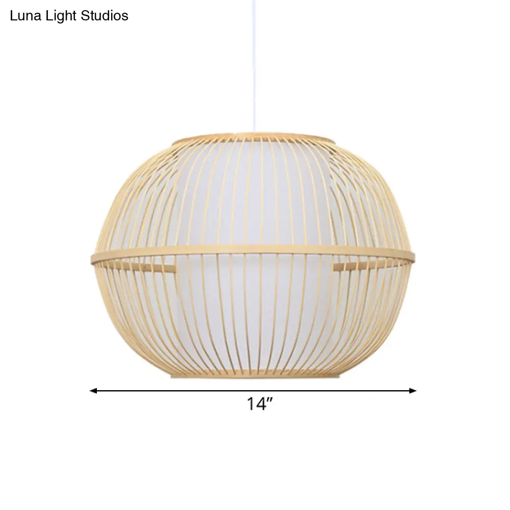 Handmade Asian Style Bamboo Hanging Light Fixture - 12/14 Width 1-Light Beige Suspended Lamp With