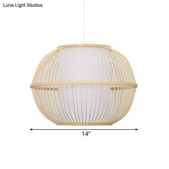 Handmade Asian Style Bamboo Hanging Light Fixture - 12/14 Width 1-Light Beige Suspended Lamp With