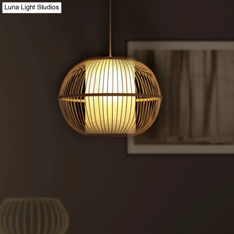 Handmade Asian Style Bamboo Hanging Light Fixture - 12/14 Width 1-Light Beige Suspended Lamp With