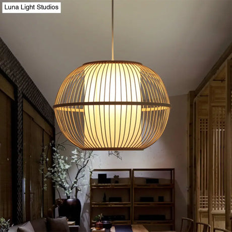 Handmade Asian Style Bamboo Hanging Light Fixture - 12/14 Width 1-Light Beige Suspended Lamp With