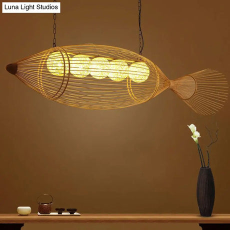 Handwoven Asian Fish Bamboo Suspension Light - Rustic Wood Restaurant Chandelier