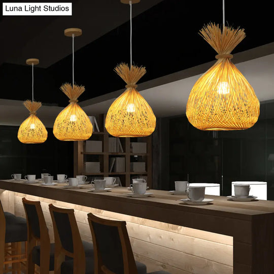 Handwoven Bamboo Shade Pendant Light With Asian Wood Fixture For Restaurants