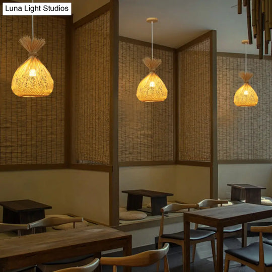 Handwoven Bamboo Shade Pendant Light With Asian Wood Fixture For Restaurants