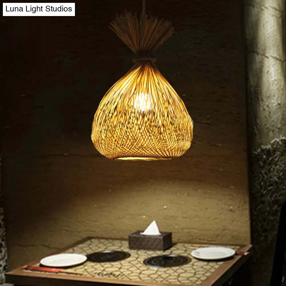 Handwoven Bamboo Shade Pendant Light With Asian Wood Fixture For Restaurants