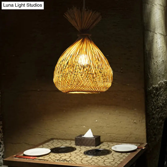 Handwoven Bamboo Shade Pendant Light With Asian Wood Fixture For Restaurants