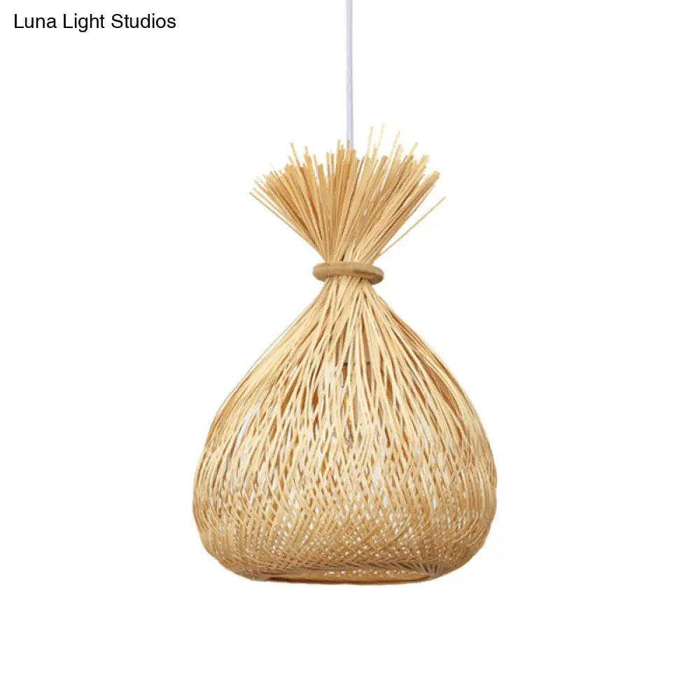 Handwoven Bamboo Shade Pendant Light With Asian Wood Fixture For Restaurants
