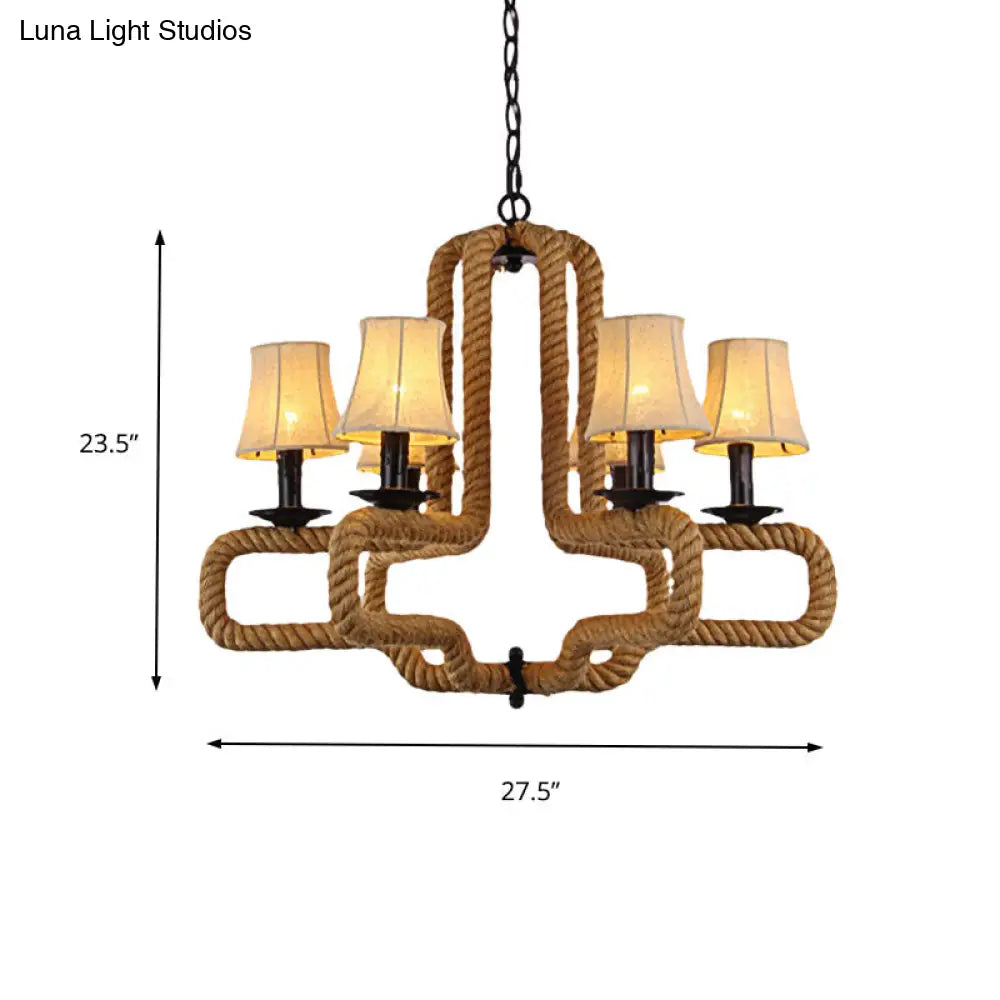 Loft Style 6-Head Brown Chandelier Light With Fabric Bell Shades And Rope Detail - Ideal For
