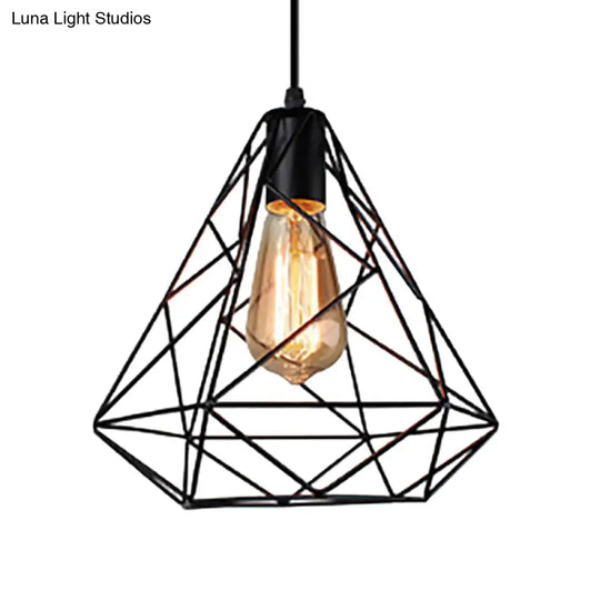 Black Metal Diamond Shade Farmhouse Kitchen Ceiling Fixture With Wire Frame