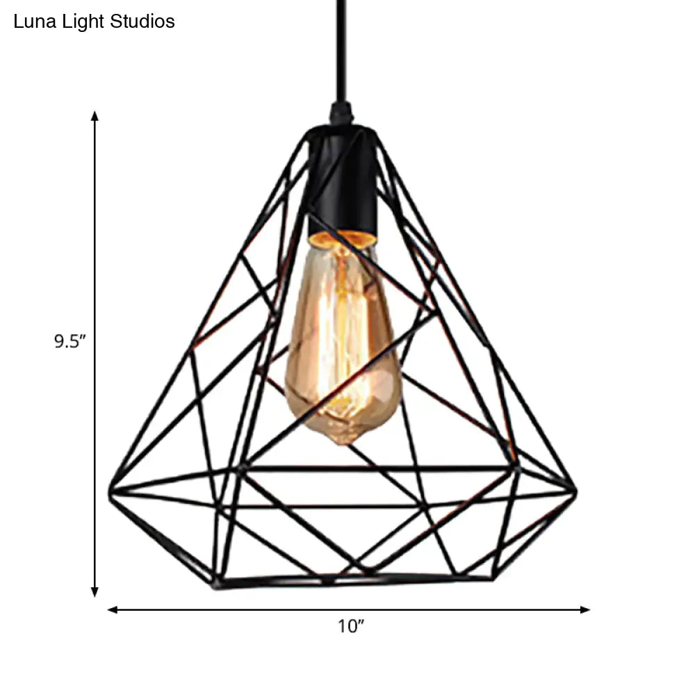 Hanging Diamond Shade Metal Kitchen Ceiling Light With Farmhouse Style And Wire Frame In Black